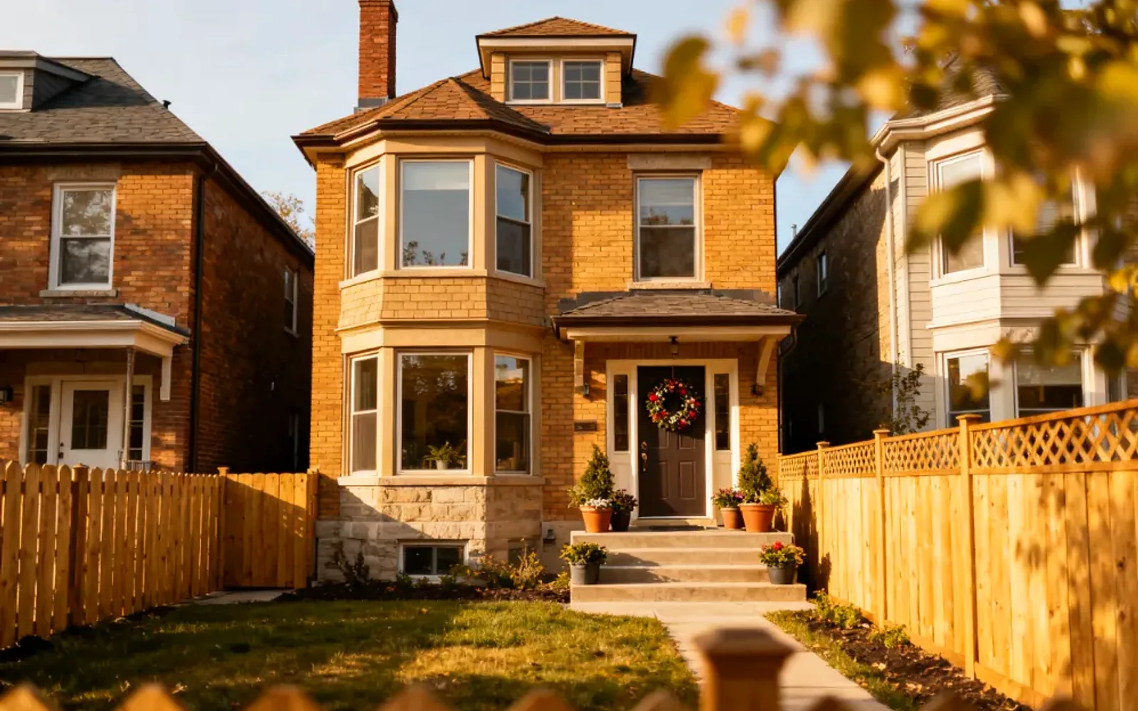Yellow-brick century home with a wreath on the door at golden hour in Bancroft, Ontario
