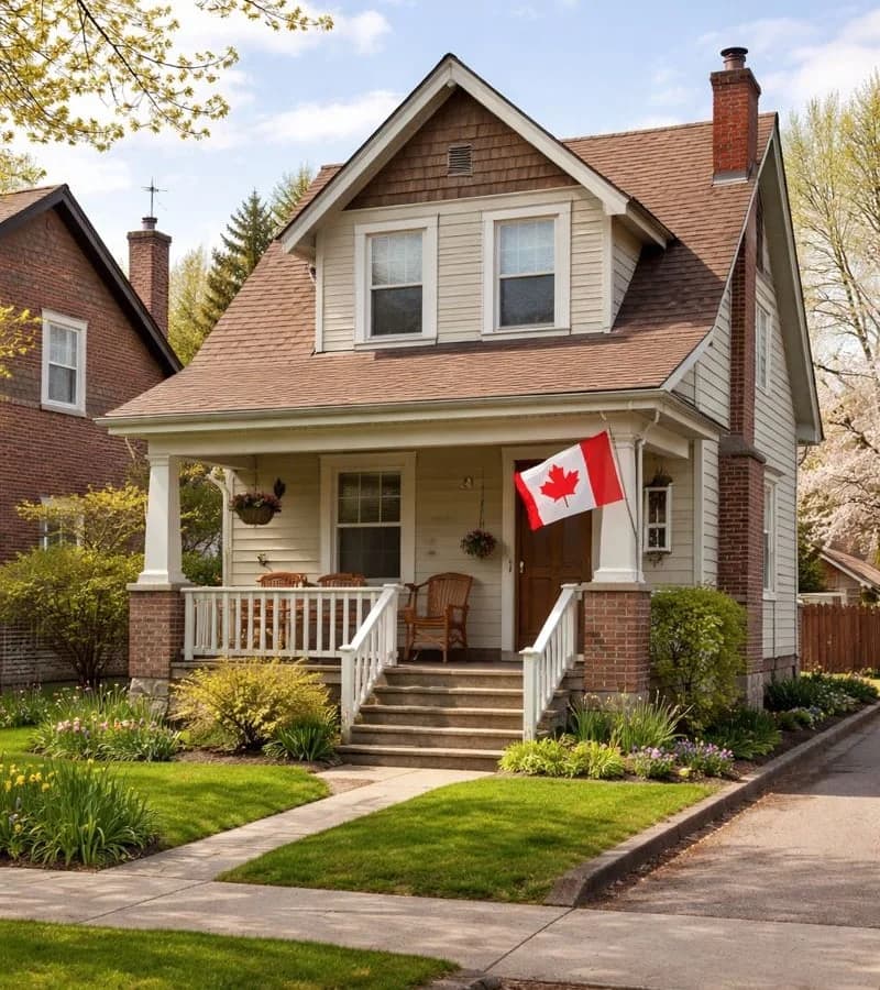 Two-storey home with a covered front porch and Canadian flag on a spring day in Janetville, Ontario
