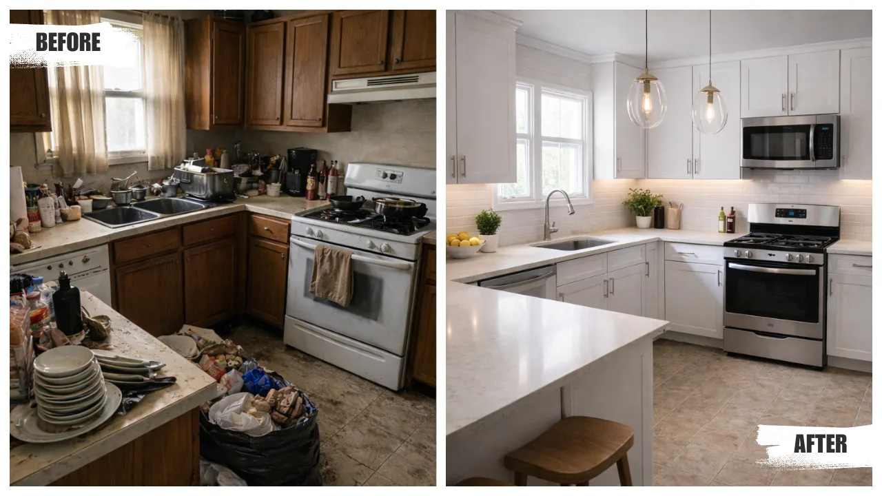 Before and after photos of a dated kitchen renovated into a bright, modern space