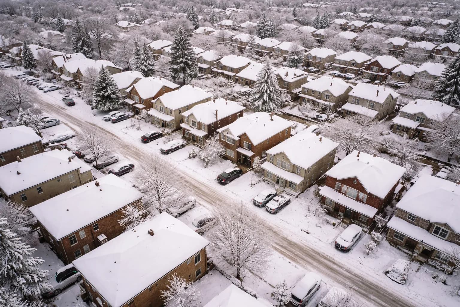 Aerial view of a snow-covered residential neighbourhood of two-storey homes in Millbrook, Ontario