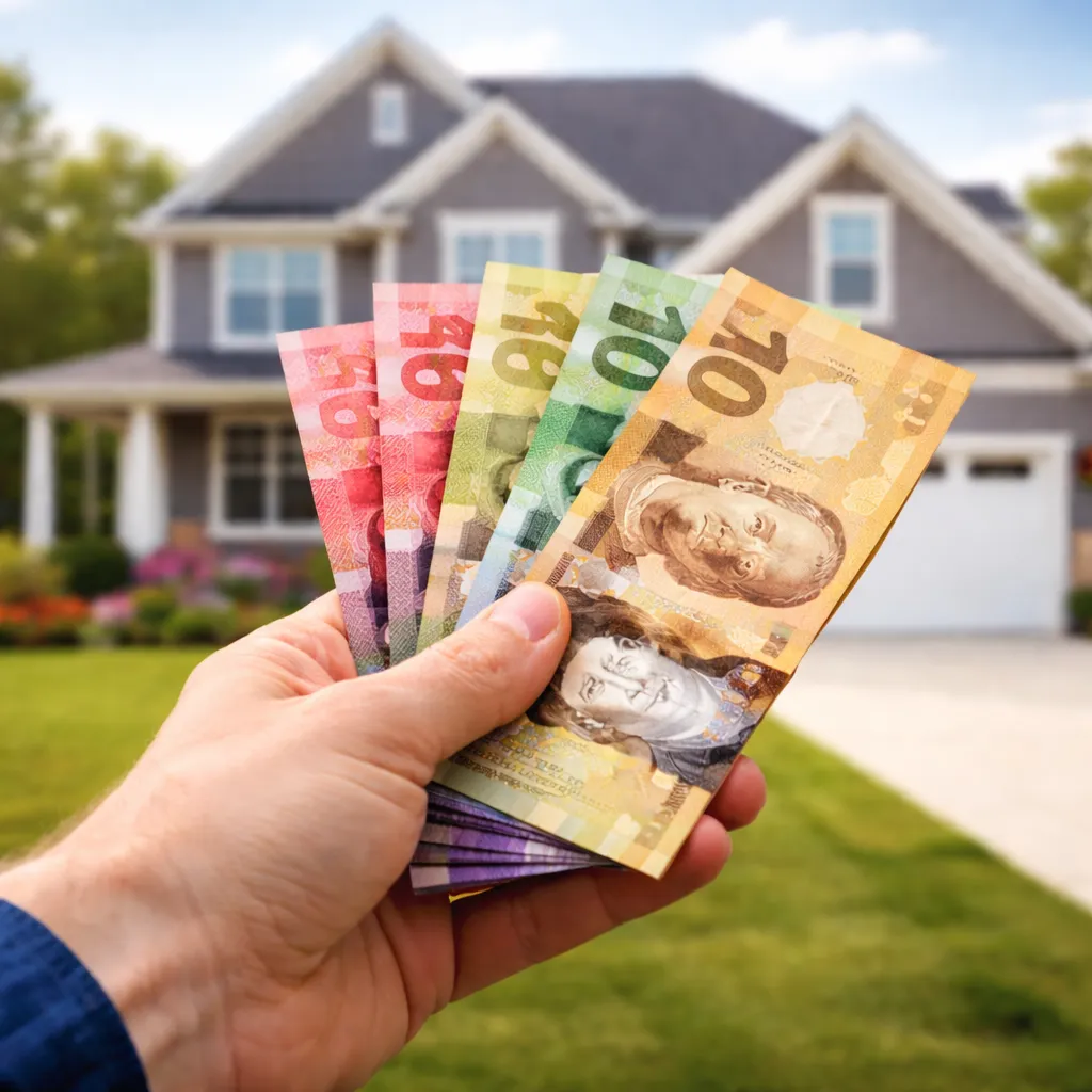A hand holding Canadian cash in front of a house