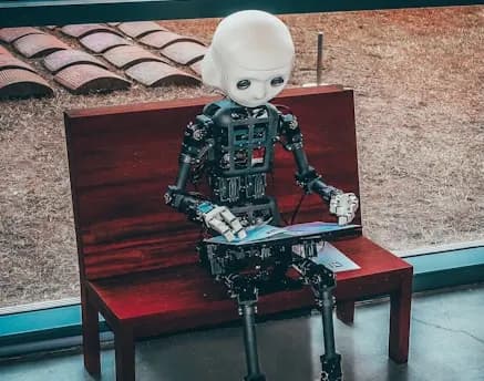 black and white robot toy on red wooden table