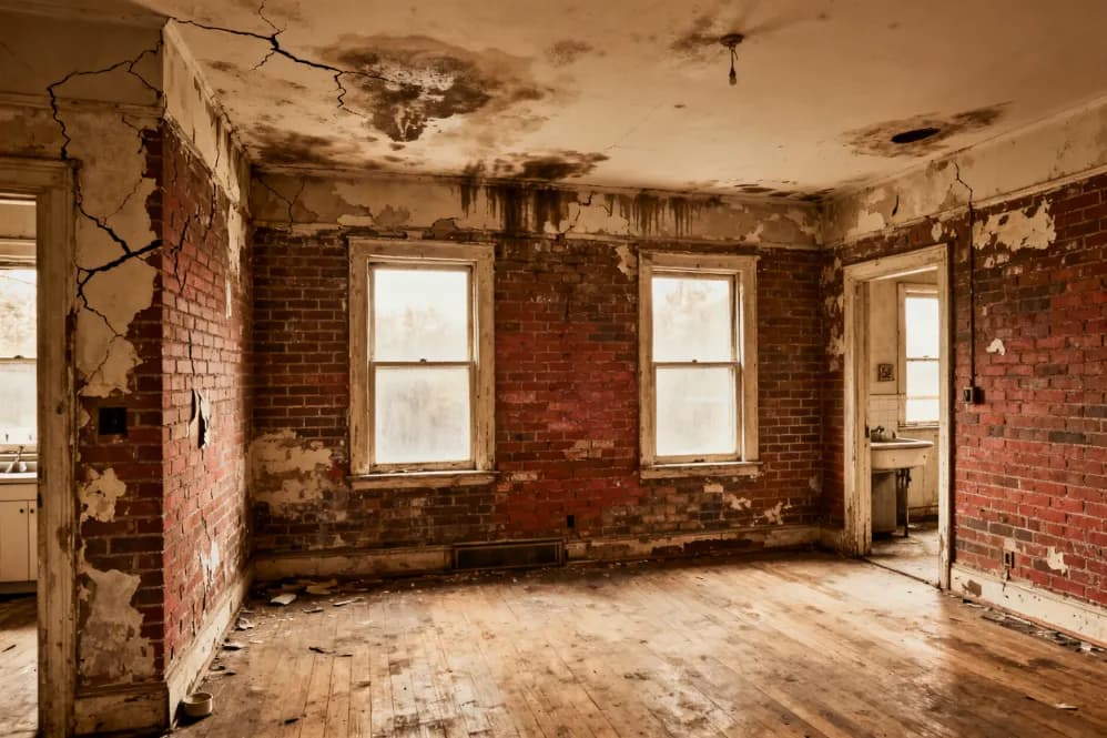 Brick house with a visible diagonal crack running through the exterior foundation wall