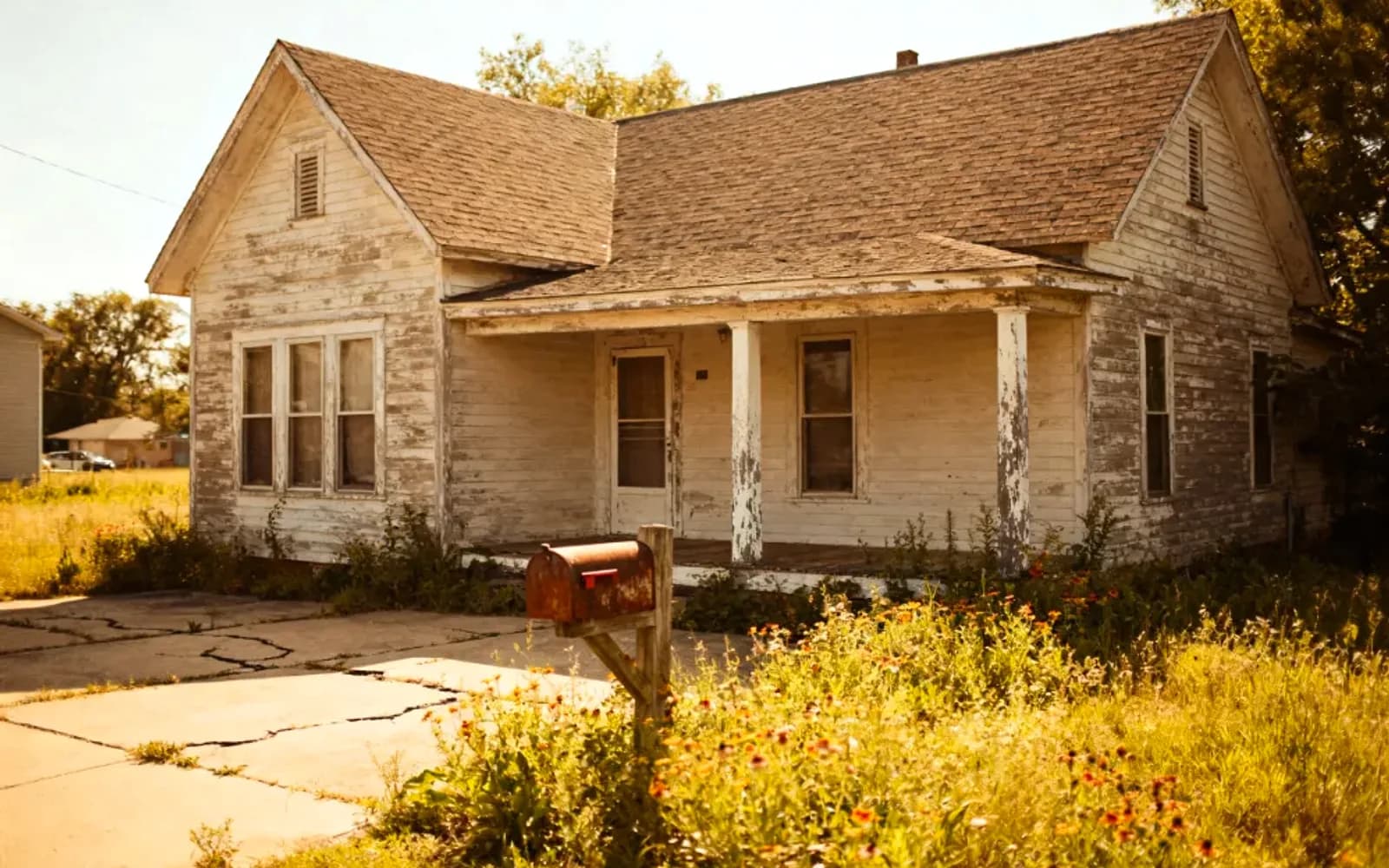 Weathered white farmhouse with an overgrown yard at golden hour in Bracebridge, Ontario