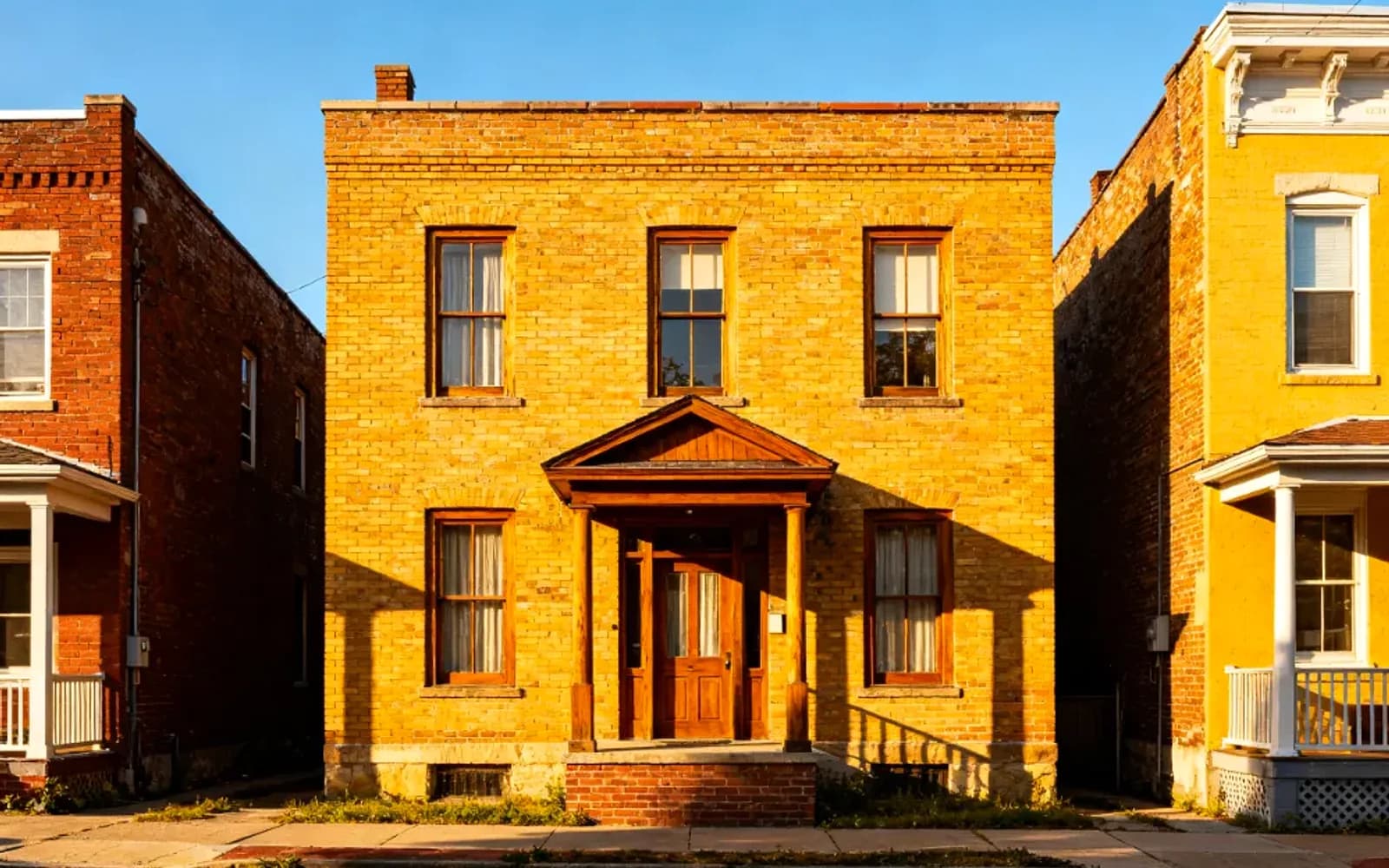 Yellow-brick two-storey rowhouse at golden hour in Cornwall, Ontario