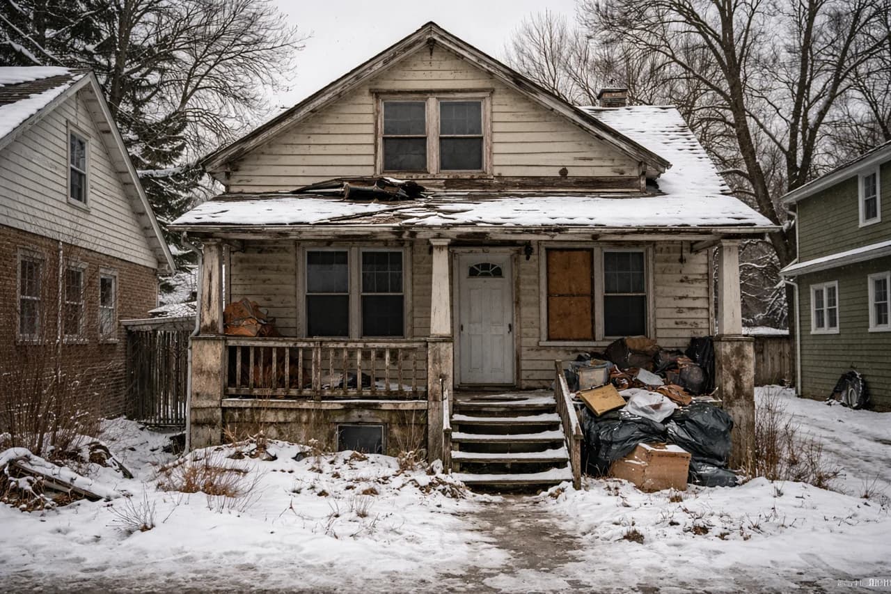 Weathered as-is house in Keene, Ontario on a snowy winter day
