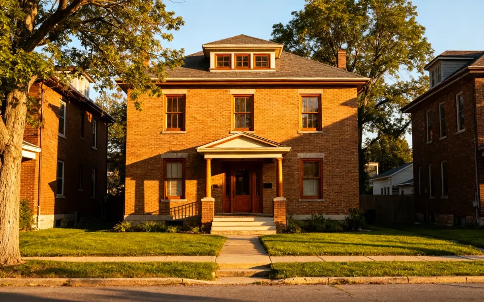 Two-and-a-half-storey brick home with a covered porch at golden hour in Oakville, Ontario