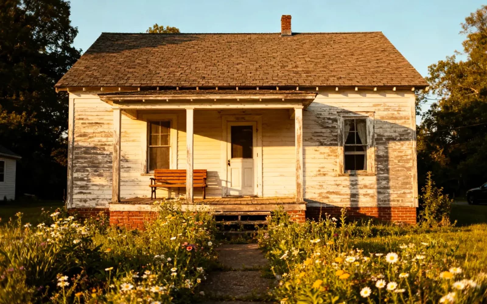 Weathered white clapboard cottage with a wildflower yard at golden hour in Pickering, Ontario
