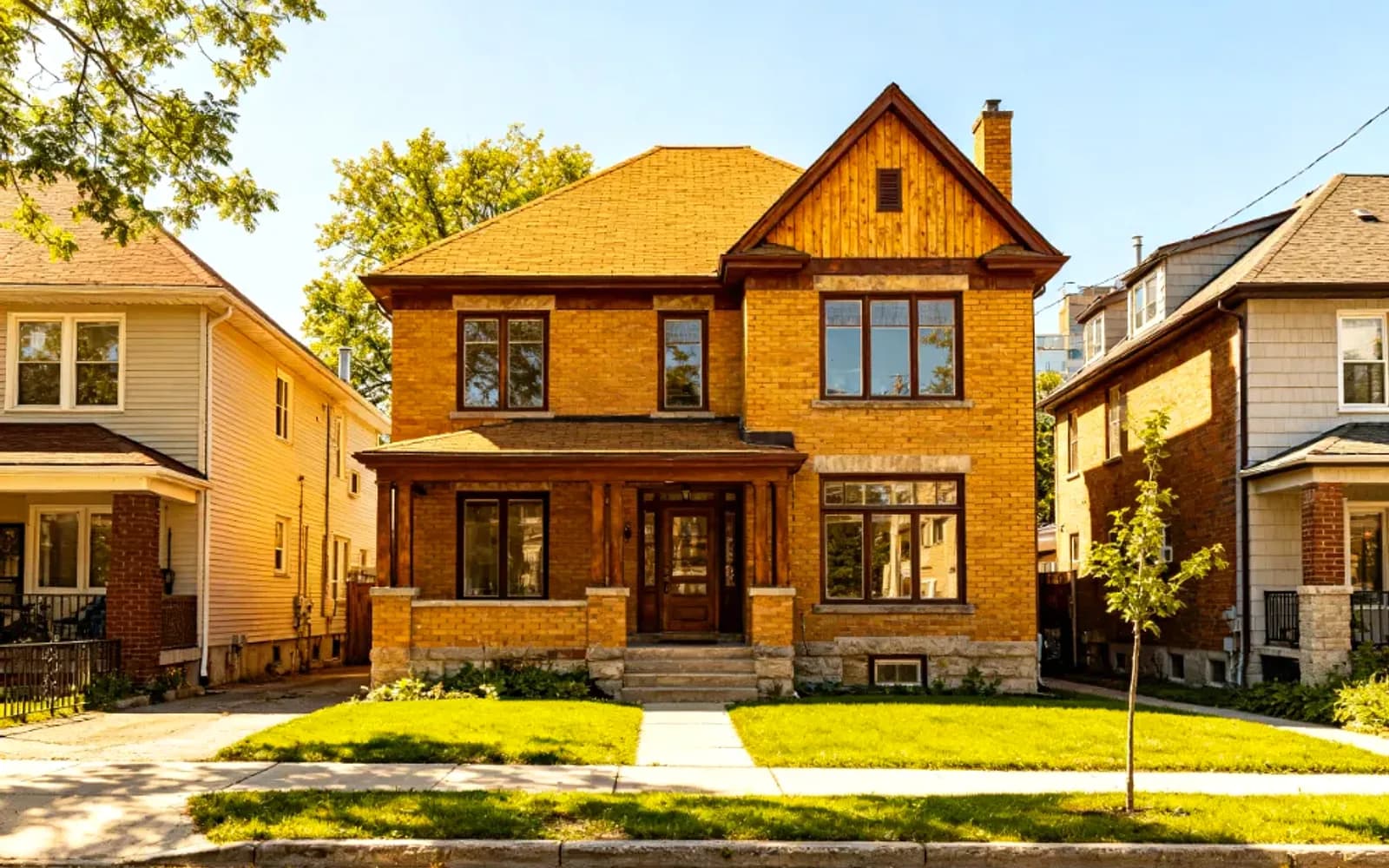 Yellow-brick two-and-a-half-storey home on a sunny street in Whitby, Ontario